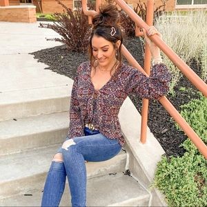 Floral print tie front top